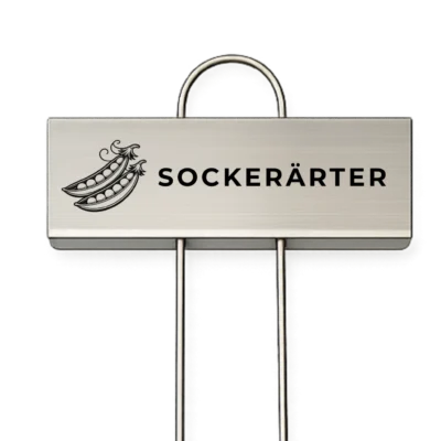 Rostfri växtskylt med texten Sockerärter och en graverad ärtskida